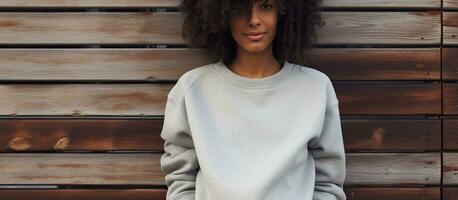 African American woman in grey sweatshirt by wooden fence space for text Fashionable casual wear untouched photo