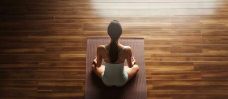 Top down view of a young woman doing yoga indoors sitting in a relaxed posture on a wooden floor meditating and finding inner peace creating copy space photo