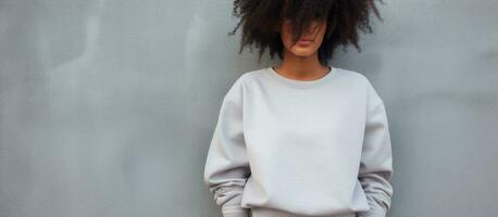 African American woman in casual grey sweatshirt against white fence no edits photo