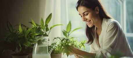 Young woman smiling as she cares for indoor plants and her home blank area for text photo