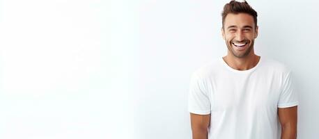 White teeth smiling male fashion model in trendy clothes and white background with room for text photo