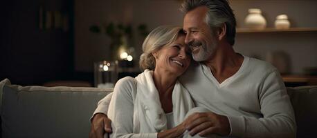 Middle aged couple on couch at home smiling and embracing enjoying weekend together in cozy living room photo