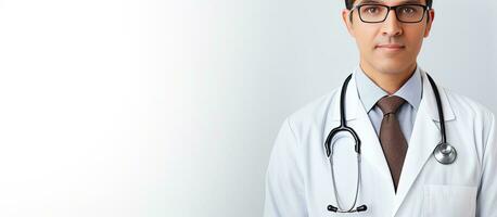 Doctor in white coat and eyeglasses holding stethoscope posing for camera on white background space for text photo