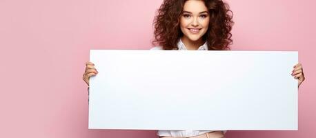 Smiling brunette woman stands by large empty advertising board pink background space for text photo