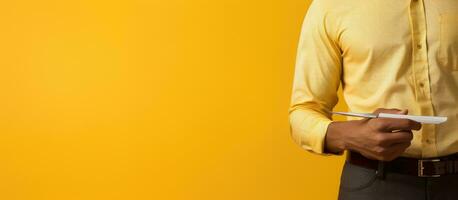 A man with a razor holding one hand on his waist against a yellow studio background with a blank space on his palm photo