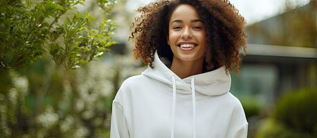 African American woman in white hooded sweatshirt standing in garden casual clothing and leisurewear unaltered photo