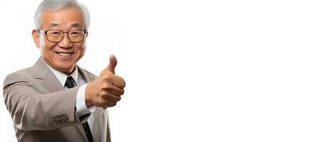 Elderly Asian businessman in suit happily points finger at empty space for promotion or advertisement photo