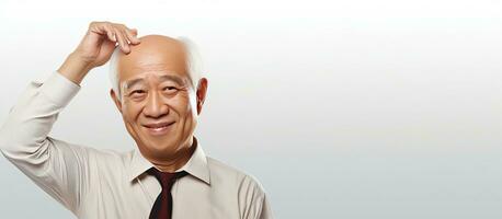 Elderly Asian businessman pleased and healthy showing an empty space for promotion on a white background photo