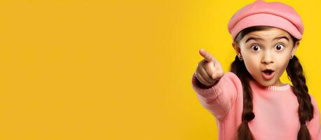 Surprised girl with ponytails in pink shirt and beanie hat pointing away on yellow background for advertising photo