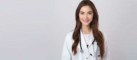 Male doctor in white coat with stethoscope and smile looking at camera with positive results on white background space for text healthcare photo