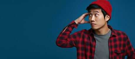 An Asian man looking up and scratching his head wearing a beanie hat and a red plaid flannel shirt against a blue background photo