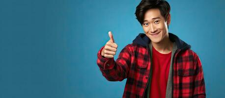 A self assured Asian man wearing a beanie and red plaid shirt points and gives a thumbs up on blue backdrop photo