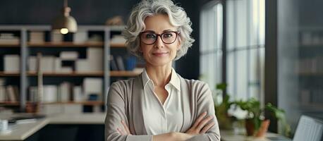 Mature woman posing stylishly in home office smiling and looking sideways with folded arms Businesswomen concept photo