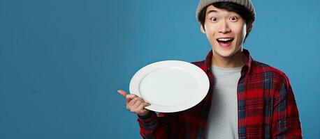 An Asian man wearing a beanie hat and plaid shirt points left while holding an empty plate isolated on a blue background photo