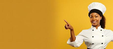 Black female chef smiling and pointing upwards wearing uniform presenting menu on yellow background photo