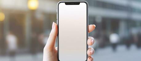 Close up image of female hands holding mobile device with blank screen representing technology concept photo