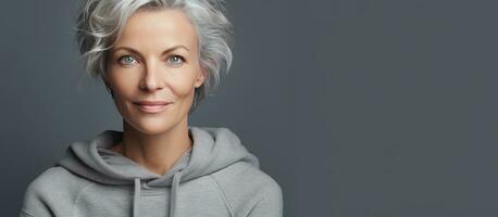 Middle aged woman in sweatshirt posed against background with copy space photo