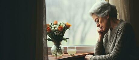 Thoughtful senior woman at home on International Widows Day contemplating the challenges of widowhood and the aging process with space for text photo