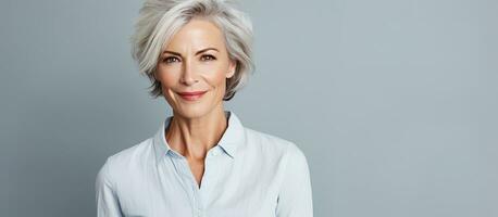 inteligente elegante más viejo mujer con gris pelo en un brillante estudio ajuste con habitación para texto foto