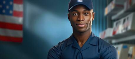 A portrait of a happy African American postal worker with mails celebrating National Postal Worker Day photo