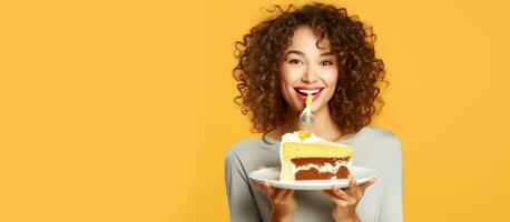 tarta de queso celebracion con un contento mujer foto