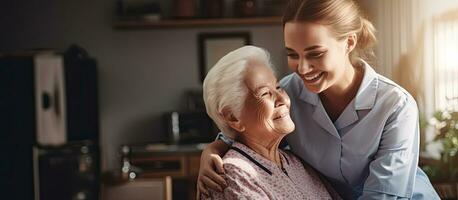 Caregiver embraces elderly woman during visit at home photo