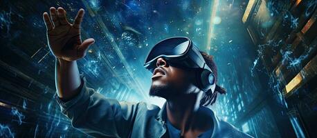 Black man wearing VR headset exploring virtual reality world with empty space on the left for copy photo