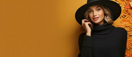 Happy woman in fall outfit pointing at copy space with maple leaves browsing Black Friday sales photo