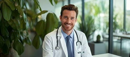 sonriente masculino médico con bueno prueba resultados vistiendo un blanco Saco y estetoscopio mirando dentro cámara en aislado blanco antecedentes Copiar espacio para salud foto