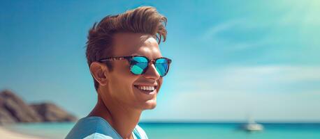 Smiling young man wearing sunglasses by the sea conveying message of vacations awareness and protection photo