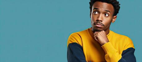 Young African American man in blue sweater looking doubtful touching his face isolated on yellow background for advertisement photo