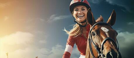 Young Caucasian woman riding horse in ranch with horse racing text and copy space Animal sport equestrian and competition theme photo