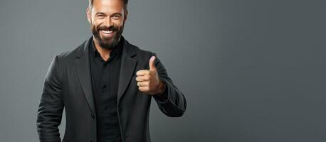 Smiling businessman advertising by showing thumb finger on grey background photo
