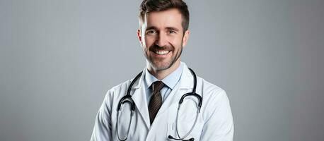 sonriente masculino médico con bueno prueba resultados vistiendo un blanco Saco y estetoscopio mirando dentro cámara en aislado blanco antecedentes Copiar espacio para salud foto