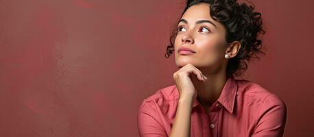 Thoughtful Hispanic woman daydreaming and gazing upwards towards blank space pondering or fantasizing photo
