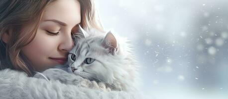 Hug your cat day illustration with young woman and pet promoting animal adoption photo