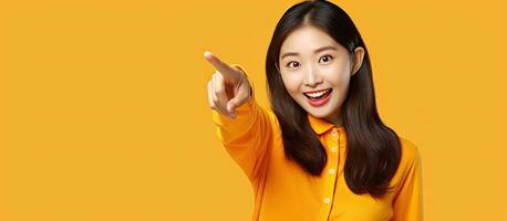 Young Asian woman in 30s wearing an orange shirt suggests product on yellow background photo