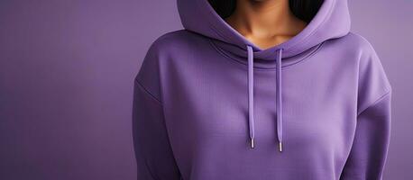 African American woman in purple sweatshirt focusing on fashion and design photo