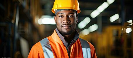 Composite image of a confident Caucasian male worker wearing workwear at an industrial factory ready to promote national safety month photo