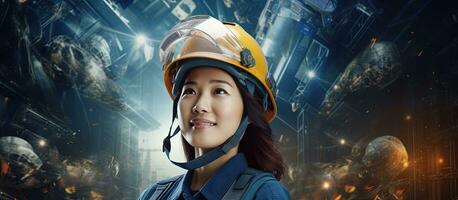 Asian woman engineer with work tools and text supporting women in engineering promoting a happy campaign for career awareness photo