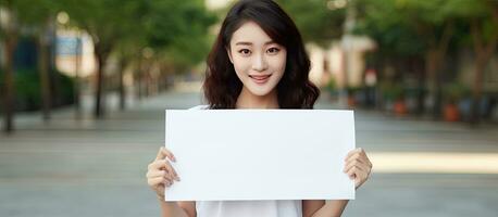 Beautiful young Asian woman holding blank white billboard for text and space photo