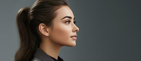 Confident businesswoman in closeup profile isolated on gray photo