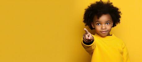 A black girl student is pointing fingers at copy space over a yellow background photo