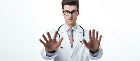 Doctor in white coat and glasses with stethoscope looking at camera hands visible isolated white background copy space health photo