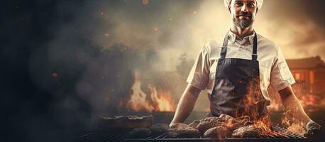 Chef grilling outdoors holding utensil space to add text photo