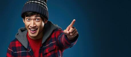 An enthusiastic Asian man with a beanie hat and red plaid flannel shirt talking on his phone and pointing left isolated on blue photo