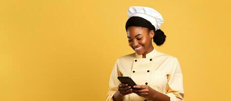 African American cook uses smartphone while cooking photo