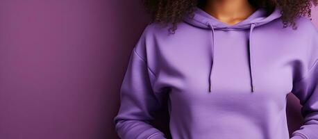 African American woman in purple sweatshirt focusing on fashion and design photo