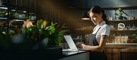 Female barista using online database to make accounting documentation in modern designed cafe photo