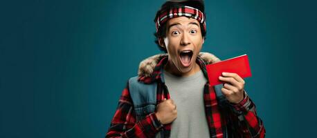 Asian man excitedly points to open space holding wallet isolated on blue background photo